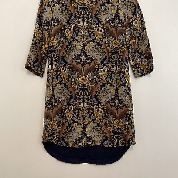 CLUB MONACO Navy Blue Tan Floral Brocade Animal Bird 3/4 Sleeve Mini Shift Dress - Picture 5 of 13